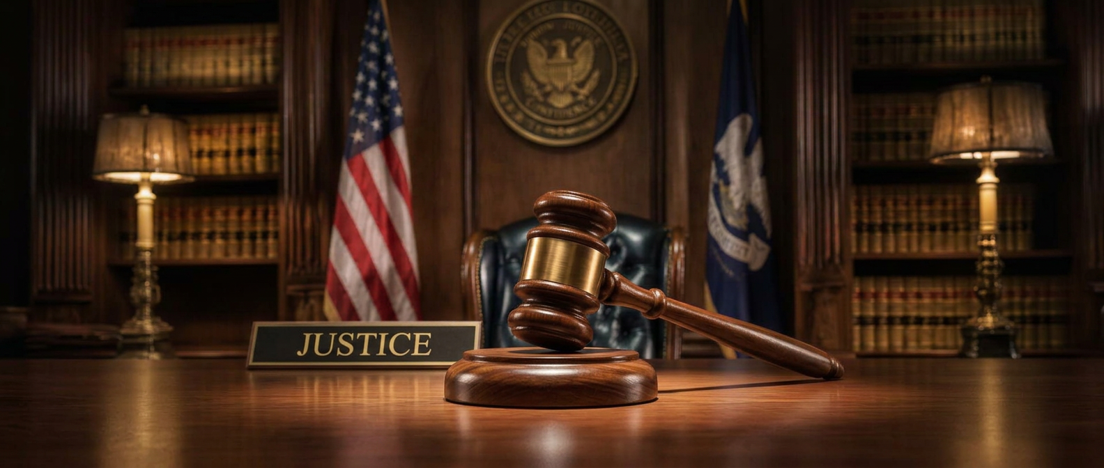Courtroom bench with a gavel, flags, and law books